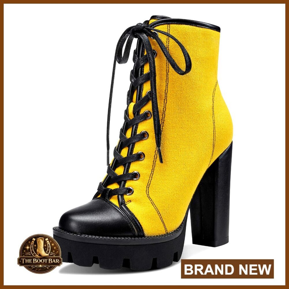Platform Ankle Boots with 4.7 Inch Heels, Chunky Block Heel, Lace Up and Zipper
